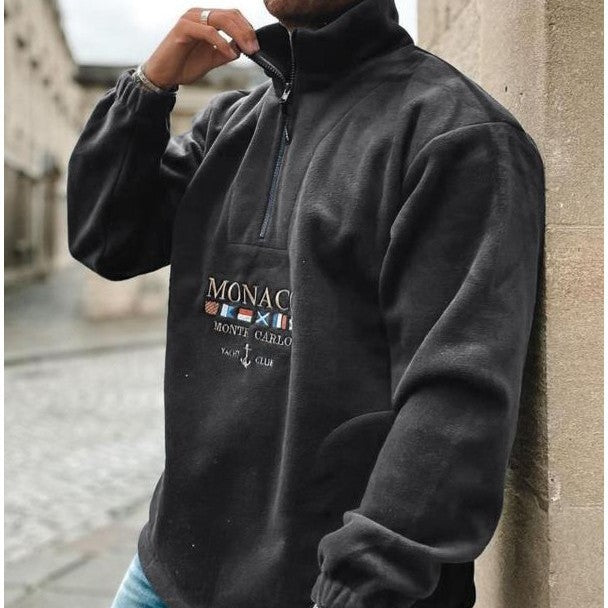 Men's quarter-zip sweater with Monaco graphic, mock neck and long sleeves