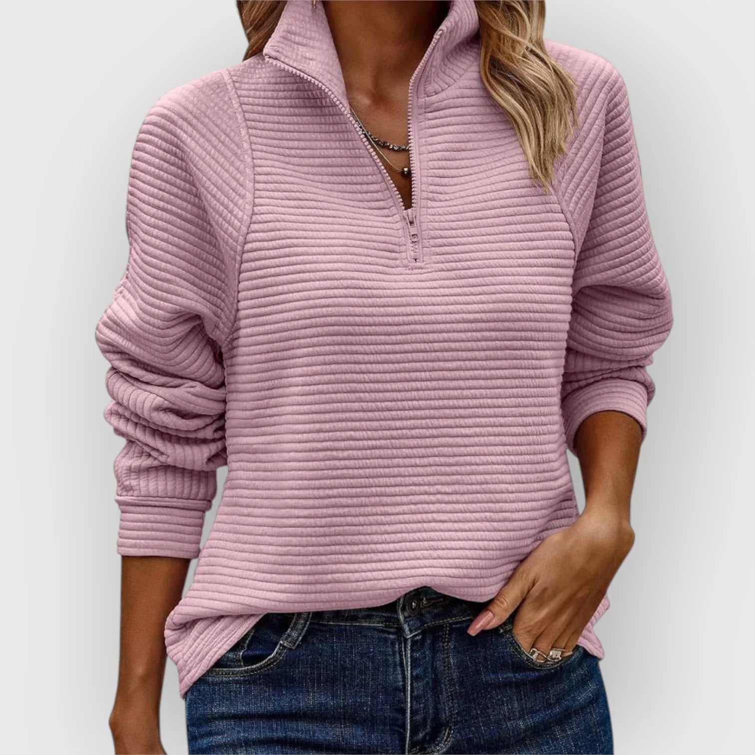 Women's ribbed half-zip pullover with mock neck