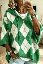 Women's argyle hooded knit sweater with 3/4 sleeves