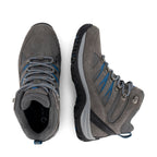 Grey lace-up hiking boots with blue accents and lugged soles