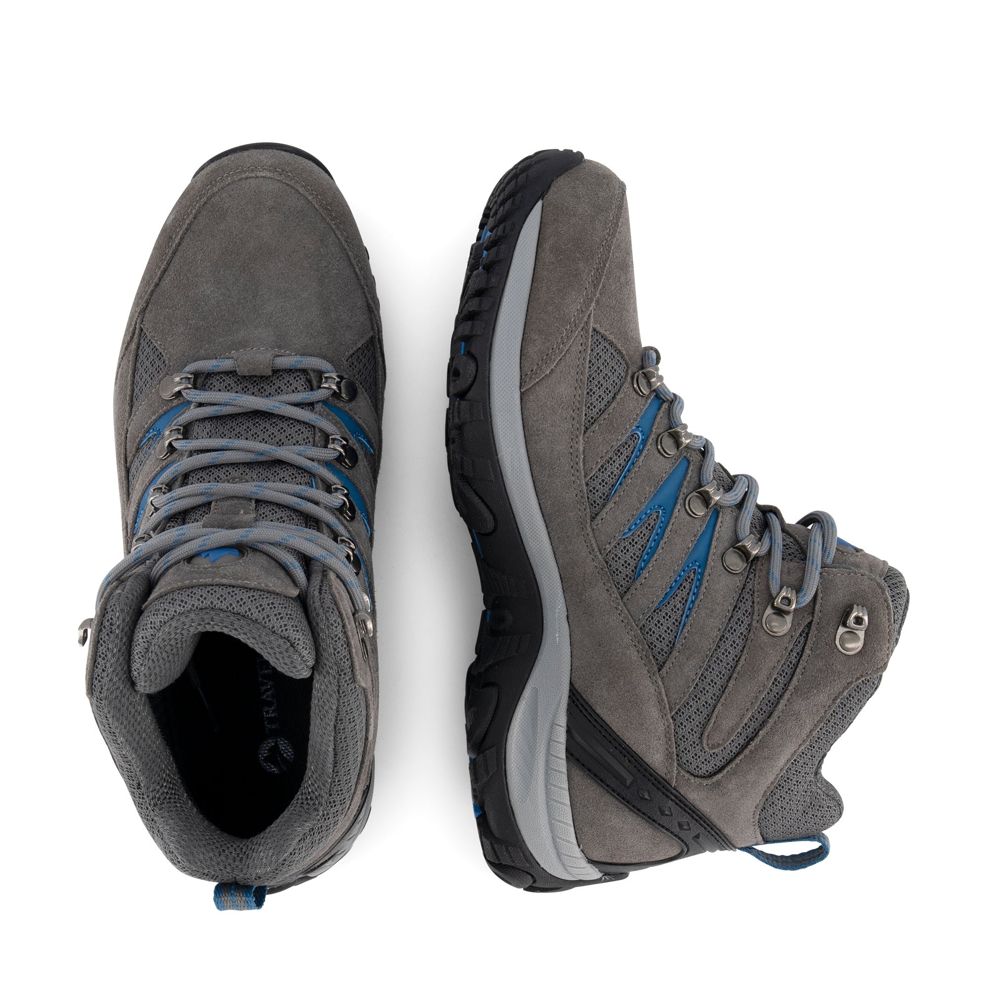Grey lace-up hiking boots with blue accents and lugged soles