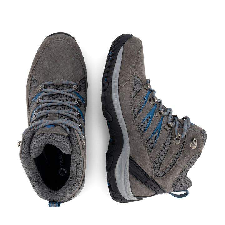 Grey lace-up hiking boots with blue accents and lugged soles