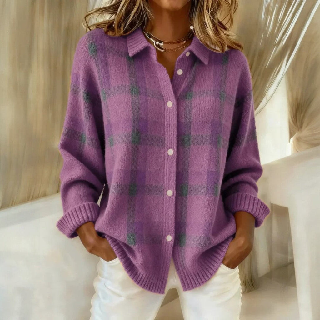 Women's checked button-front sweater with collar and ribbed trims