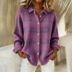 Women's checked button-front sweater with collar and ribbed trims