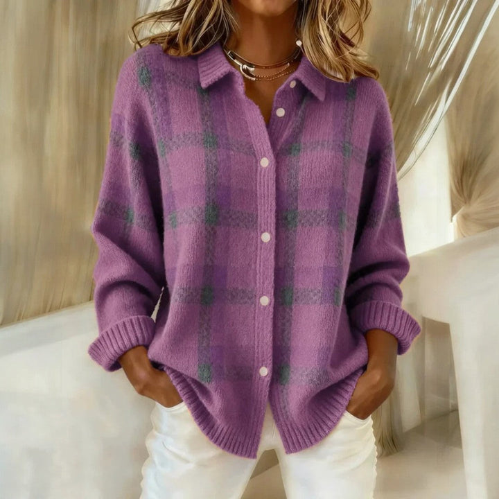 Women's checked button-front sweater with collar and ribbed trims