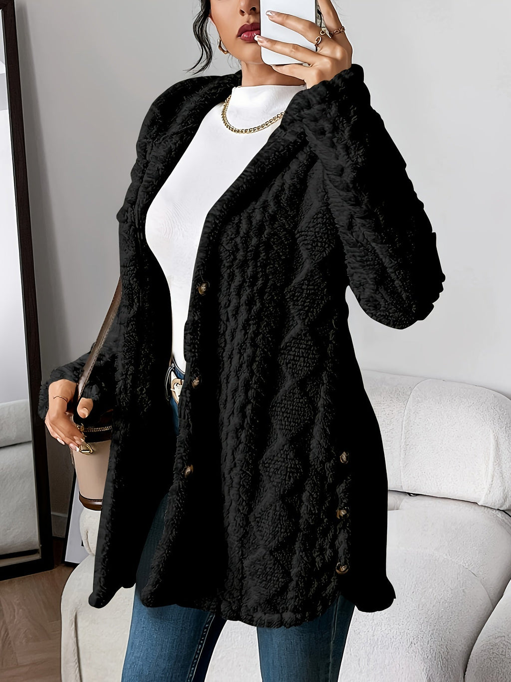 Women's hooded textured cardigan with long sleeves and button front