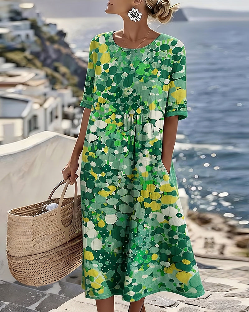 Women's multicolour floral print midi dress with round neck and 3/4 sleeves