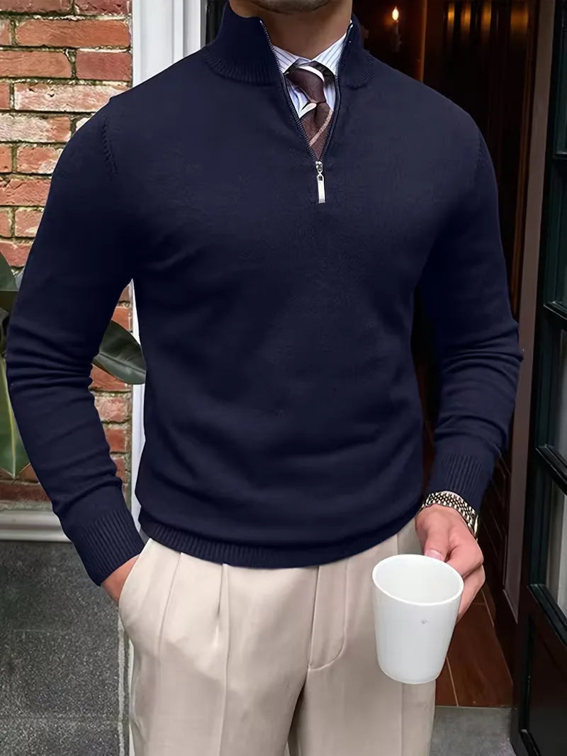 Men's stand-collar half-zip sweater with long sleeves and ribbed trims