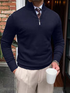 Men's stand-collar half-zip sweater with long sleeves and ribbed trims