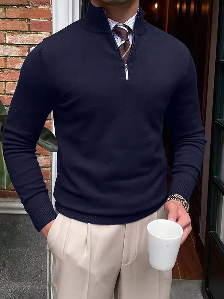 Men's stand-collar half-zip sweater with long sleeves and ribbed trims