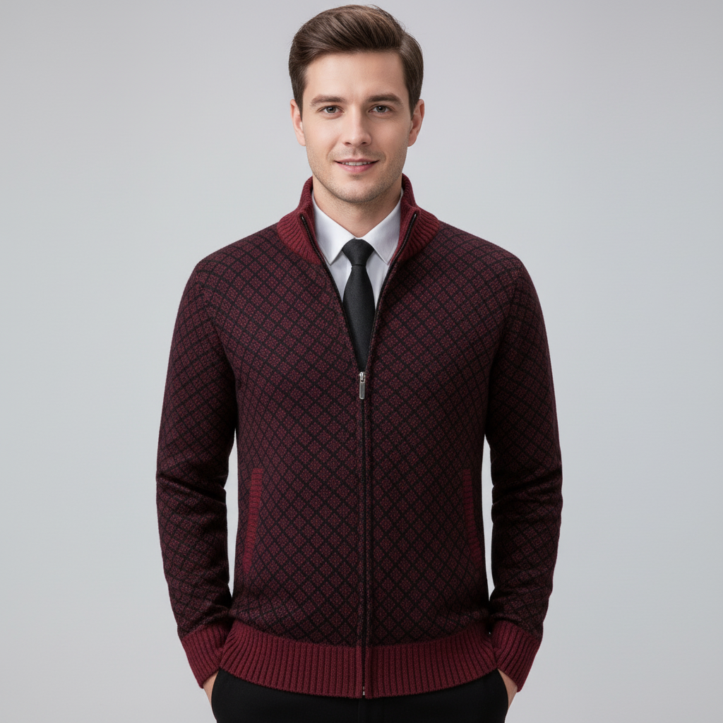 Men's diamond pattern zip-front sweater with stand collar