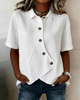 Women's short-sleeve button blouse with pointed collar and curved hem