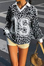 Women's leopard print sweatshirt with collared V-neck and number graphic