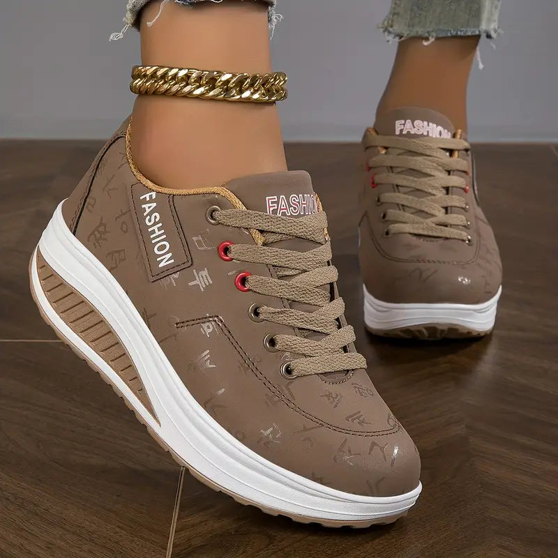 Women's low-top lace-up sneaker with printed symbols, round toe and white sole