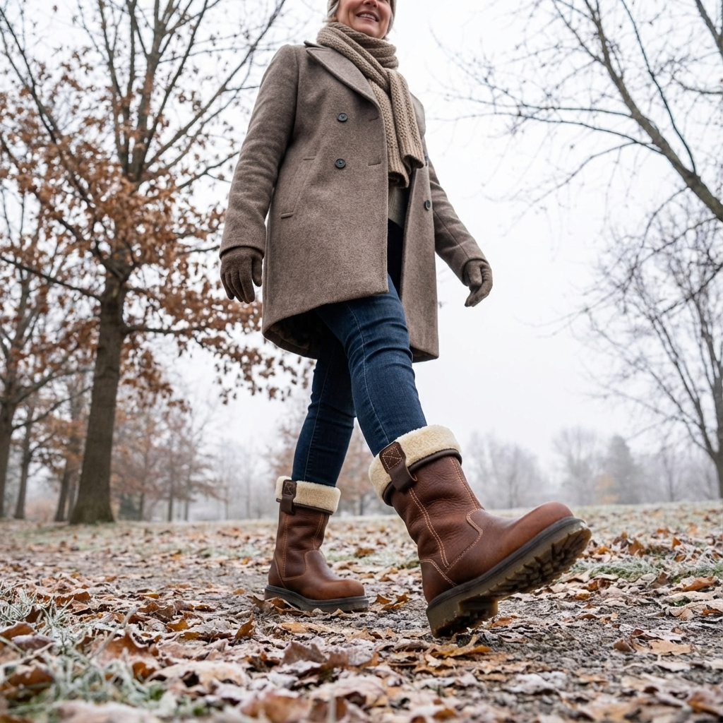 Brown fur-lined ankle boots with cream cuffs and buckle details