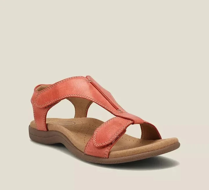 Women's black orthopedic t-strap sandal with adjustable velcro and contoured footbed