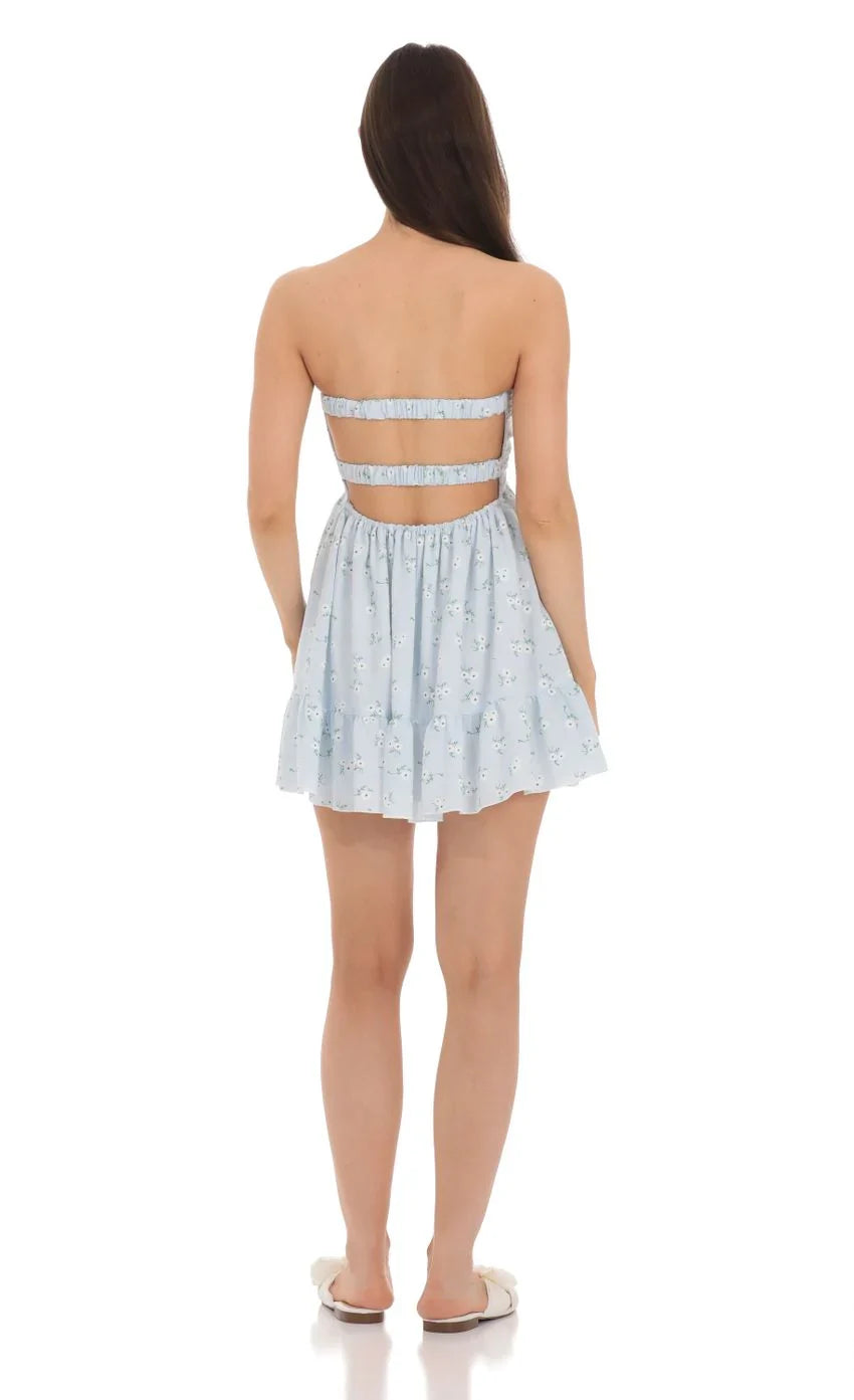 Blue floral strapless mini babydoll dress with front cutout