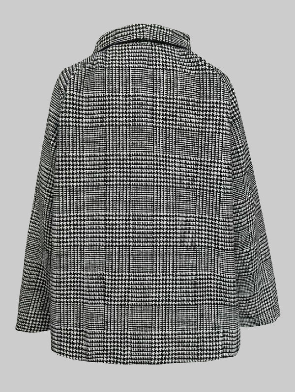 Men's brown houndstooth jacket with stand collar and asymmetric button front