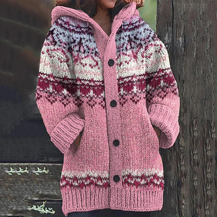 Women's Nordic patterned hooded knit cardigan with buttons