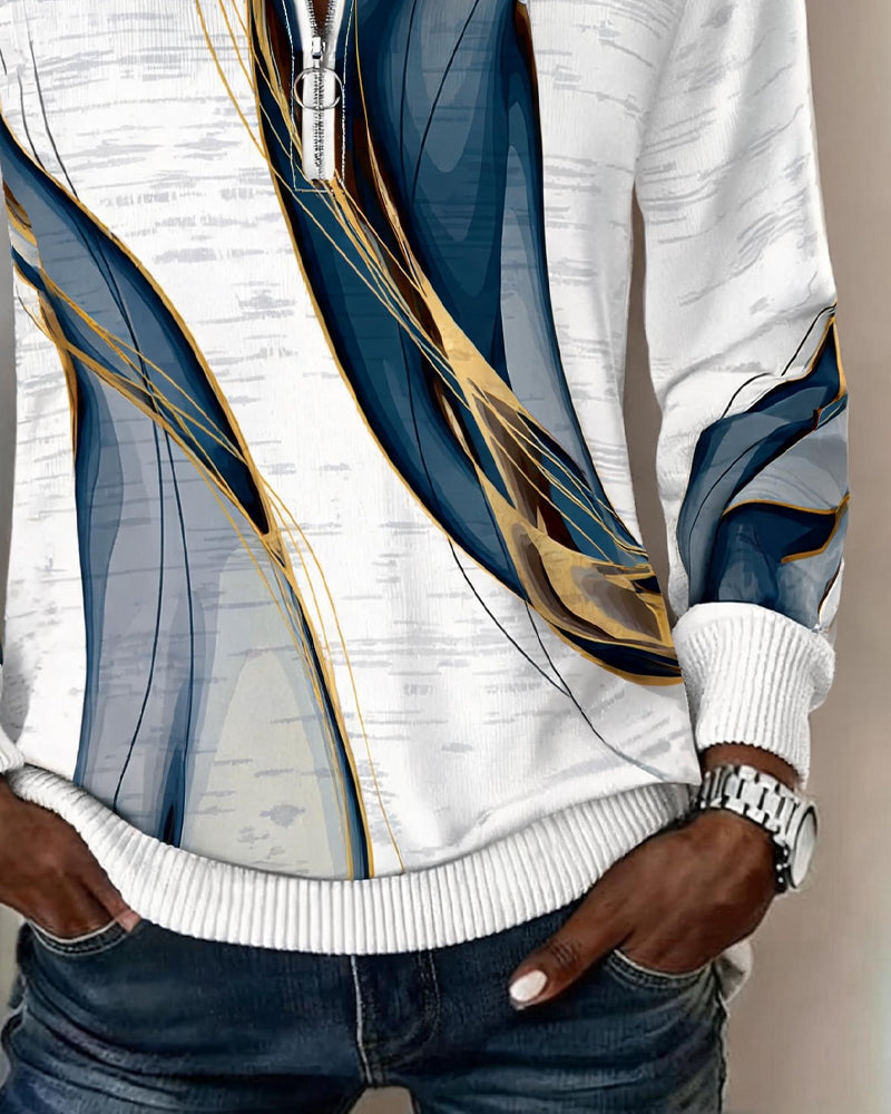 Women's abstract zip-up sweatshirt with ribbed trims and long sleeves