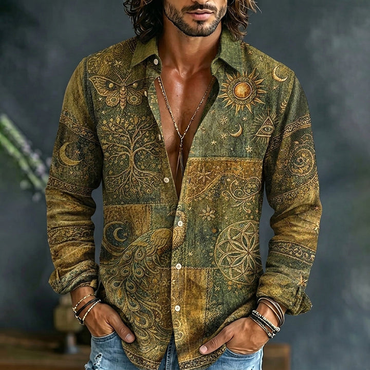 Men's long-sleeve shirt with peacock, sun, moon and geometric print
