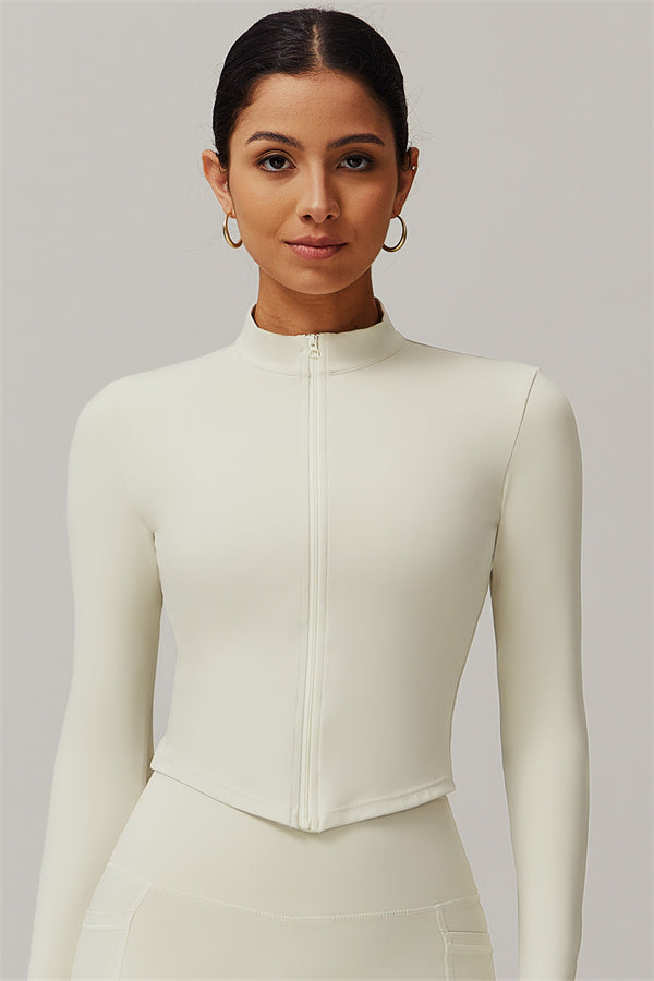 Women's fitted cropped jacket with high collar and front zip