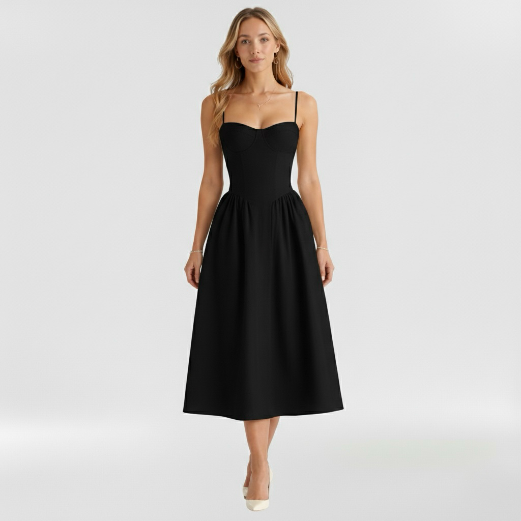 Women's floral corset midi dress with sweetheart neckline and spaghetti straps