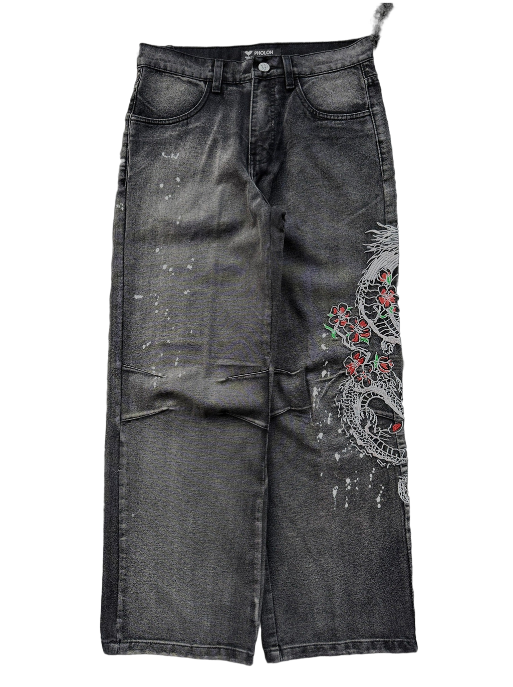 Dark washed wide leg jeans with dragon and floral embroidery
