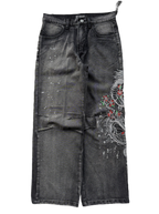 Dark washed wide leg jeans with dragon and floral embroidery
