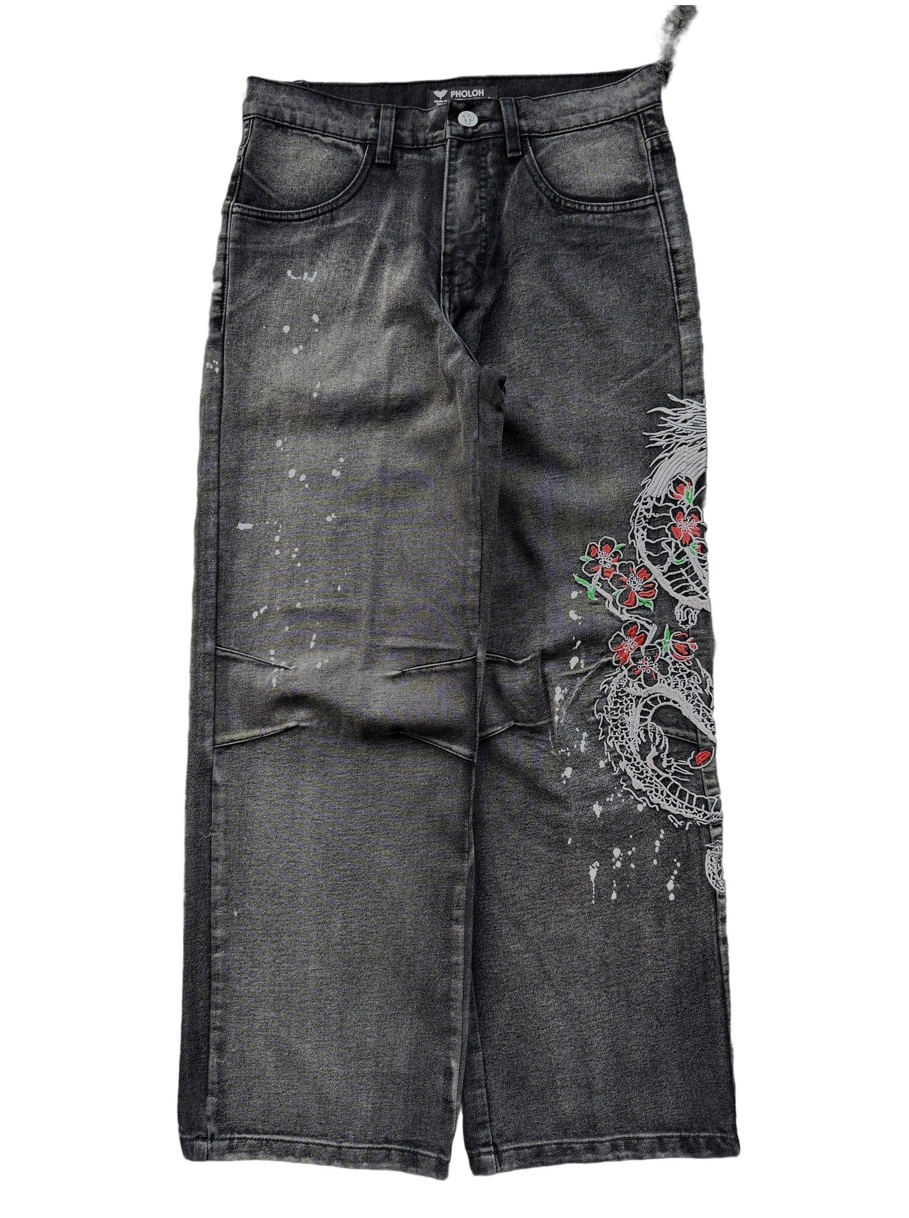 Dark washed wide leg jeans with dragon and floral embroidery