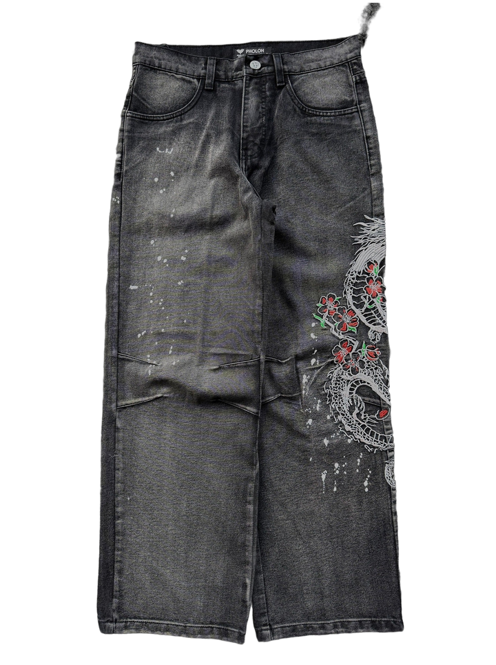 Dark washed wide leg jeans with dragon and floral embroidery