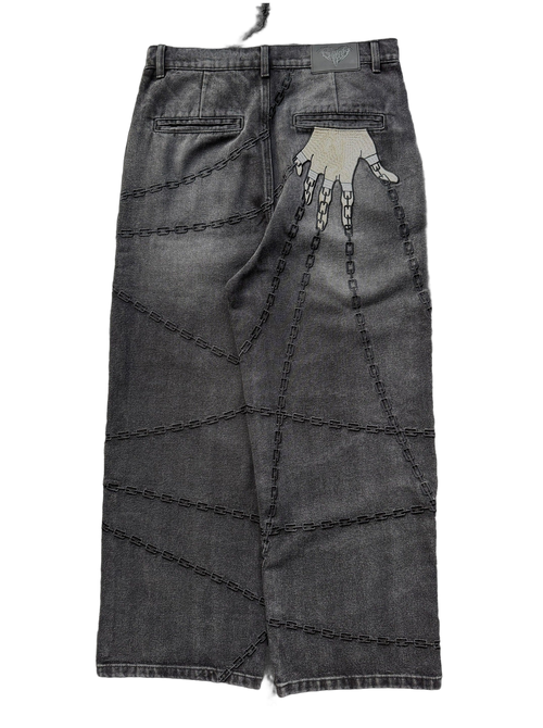 Men's gray denim shorts with chain graphics, belt loops and rear pockets