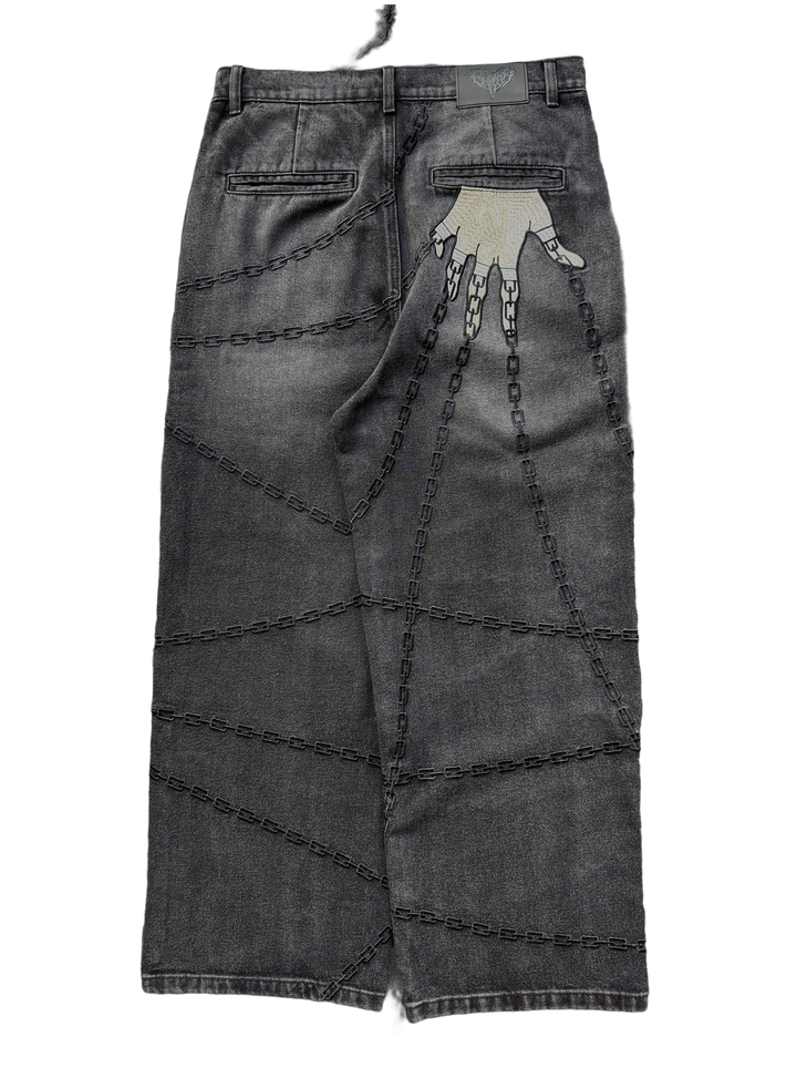 Men's gray denim shorts with chain graphics, belt loops and rear pockets