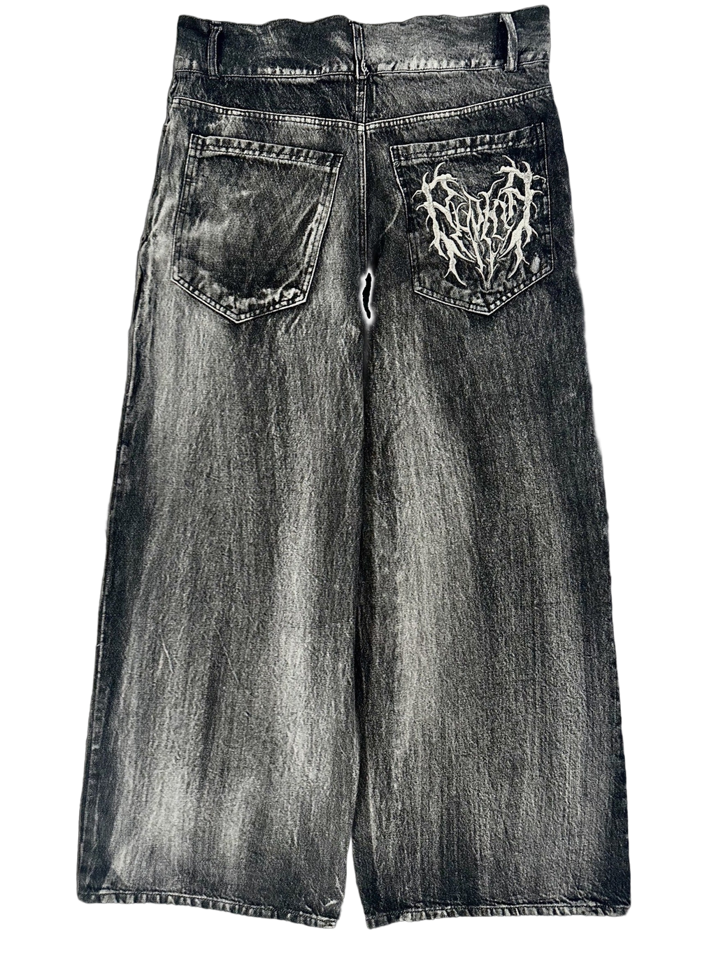 Gray wide leg jeans with frayed spiderweb detailing