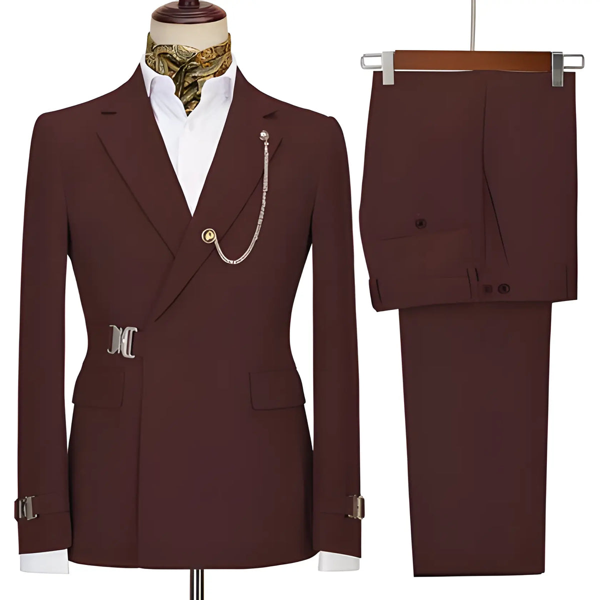 Men's two-piece suit with notched lapels, chain detail, buckle accents and matching trousers