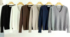 Women's plain fine-knit V-neck jumper with long sleeves and gold-tone cuff buttons