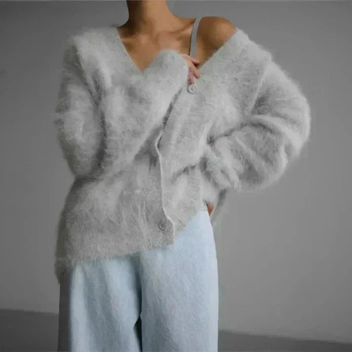 Women's textured V-neck knit cardigan with button front