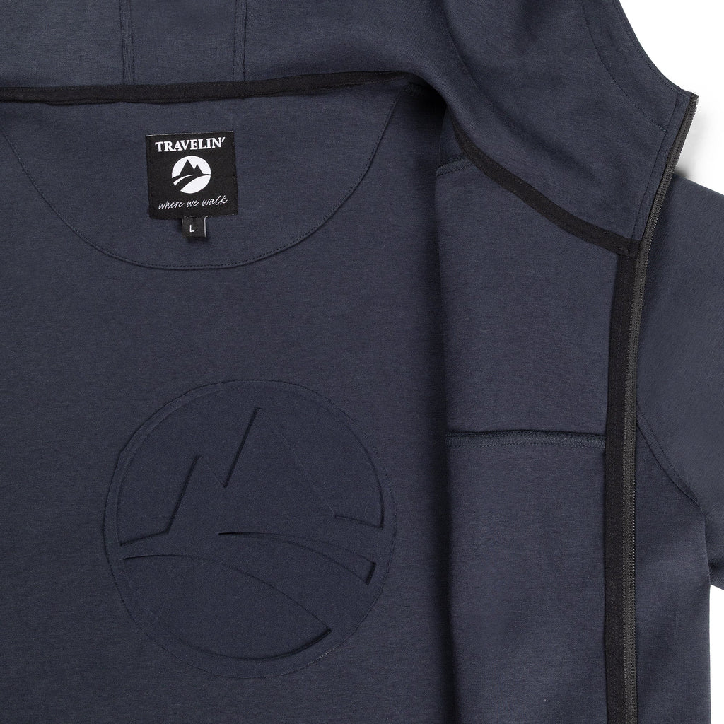 Men's navy hooded zip cardigan with long sleeves