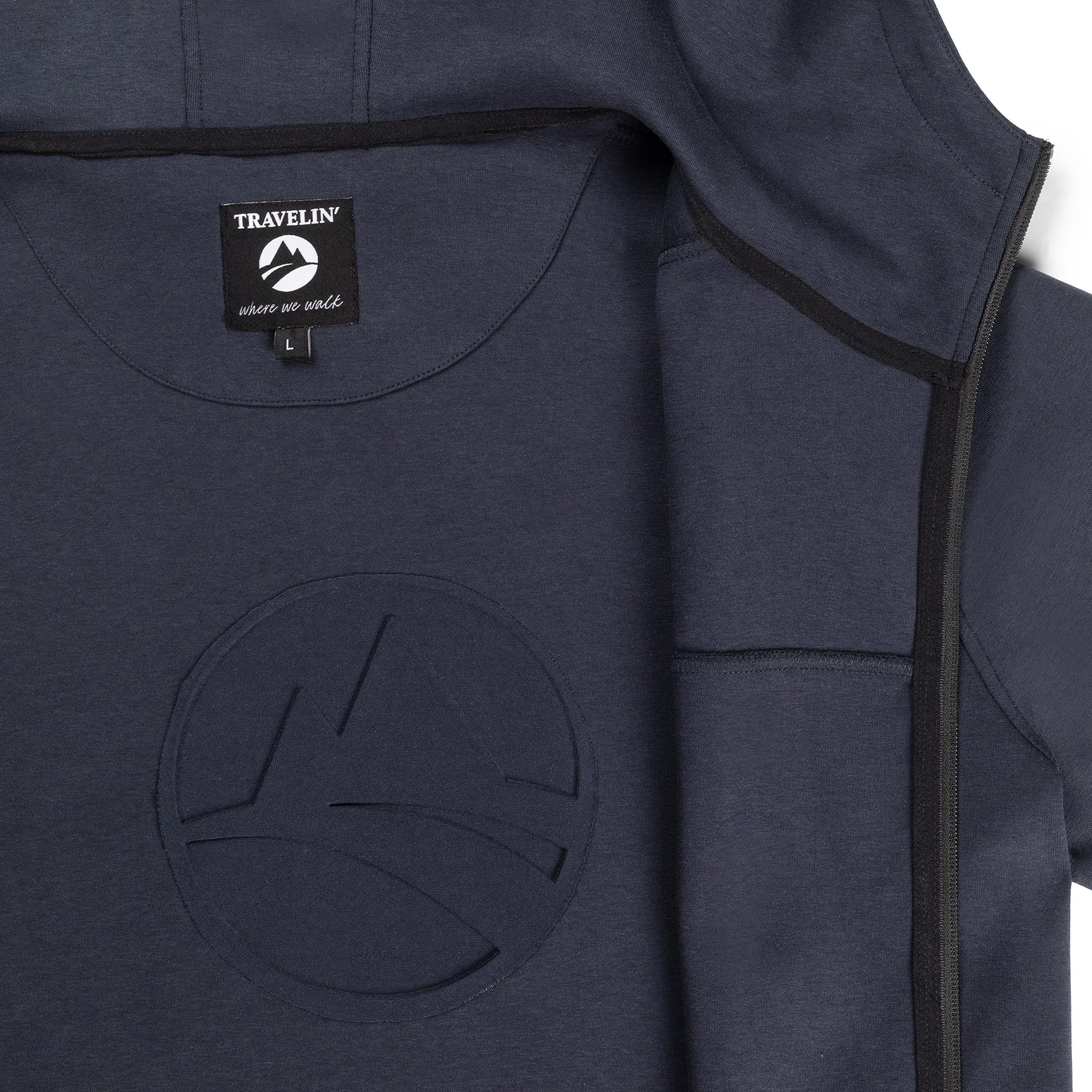 Men's navy hooded zip cardigan with long sleeves