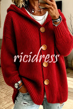 Women's long-sleeve hooded knit cardigan with four-button front