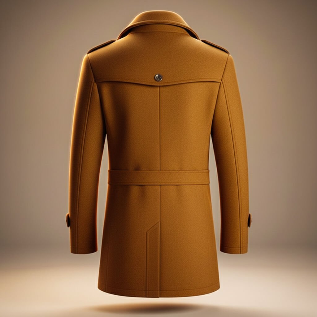 Men's structured long coat with high collar, zip and button front, and multiple pockets