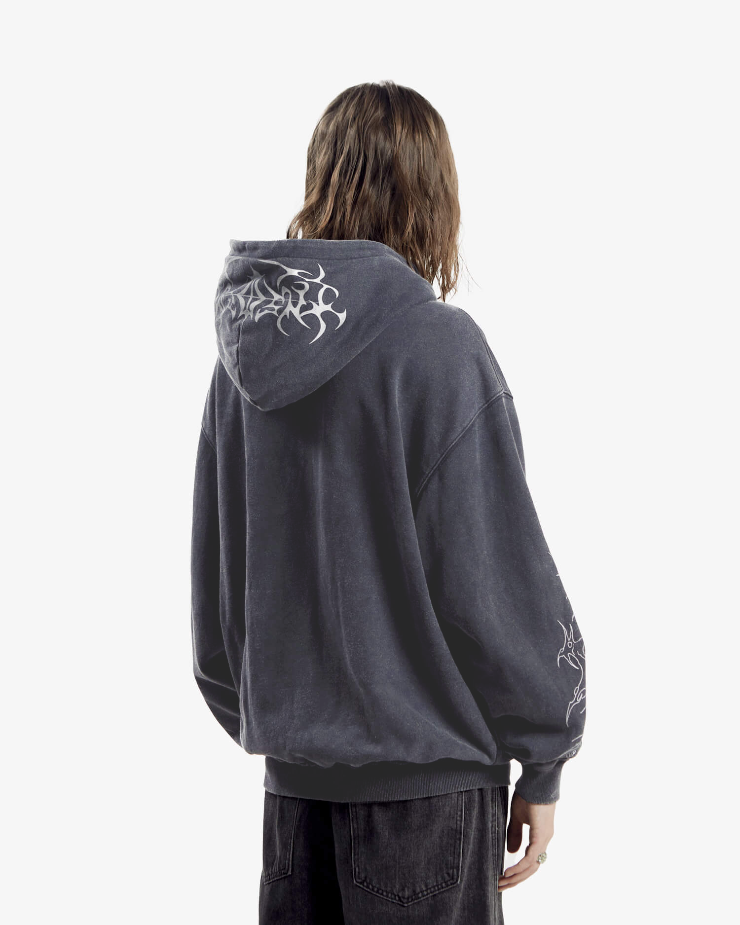 Black zip hoodie with cathedral graphic and hood