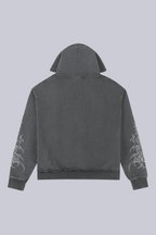 Black zip hoodie with cathedral graphic and hood