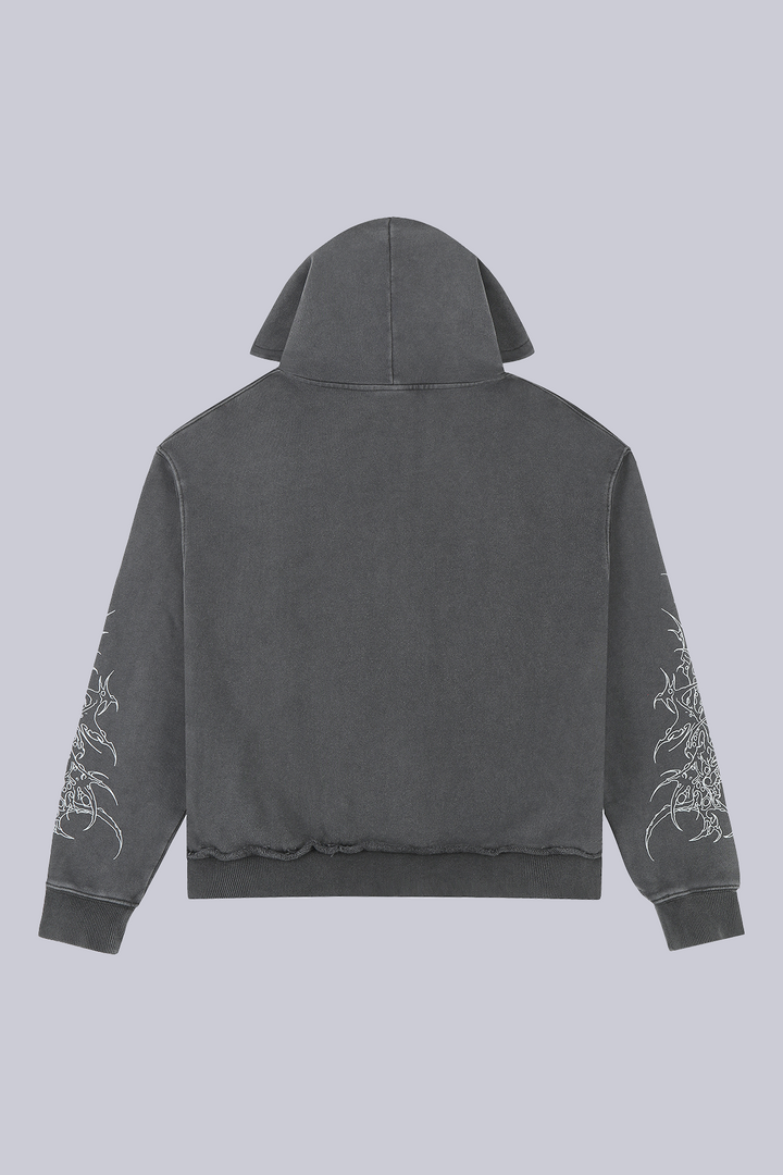 Black zip hoodie with cathedral graphic and hood