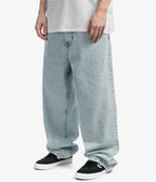 Men's baggy wide-leg jeans shown in black and light blue washes