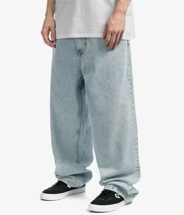 Men's baggy wide-leg jeans shown in black and light blue washes