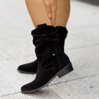 Women's slouch ankle boots with wrap straps, low block heels and almond toes
