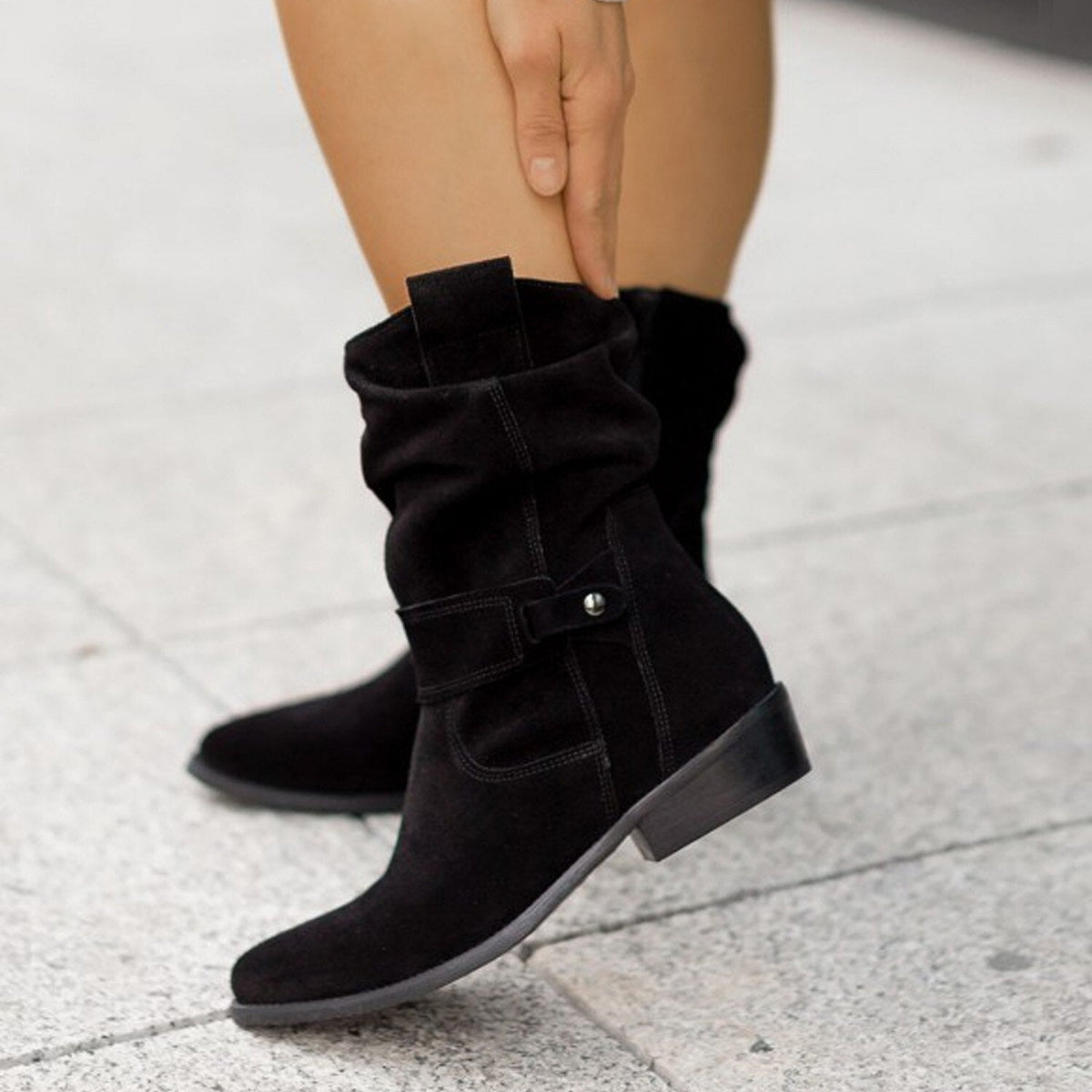 Women's slouch ankle boots with wrap straps, low block heels and almond toes