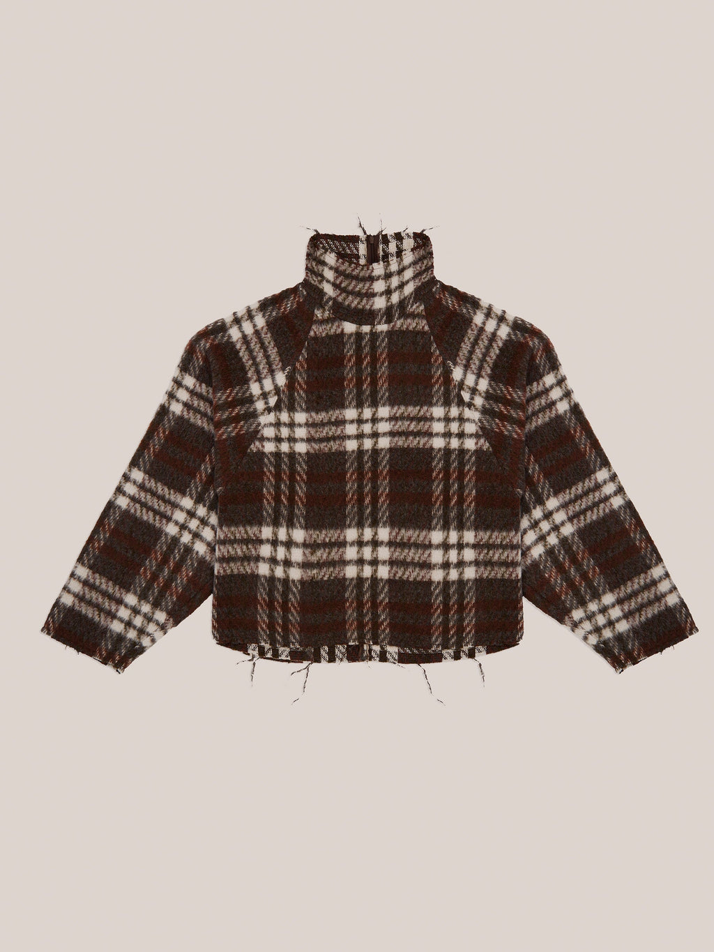 Women's brown plaid cropped turtleneck top with long sleeves and fringed edges