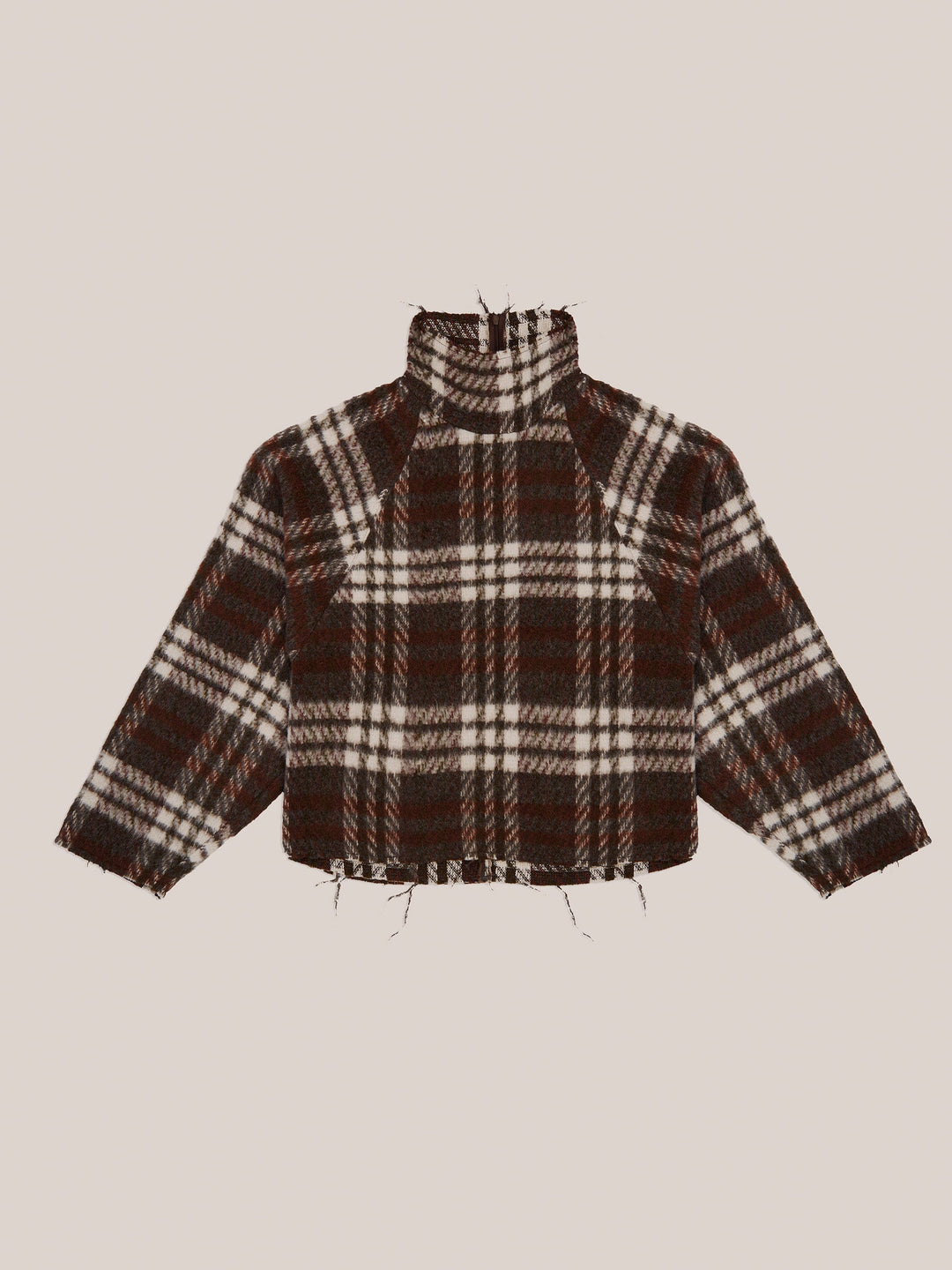 Women's brown plaid cropped turtleneck top with long sleeves and fringed edges